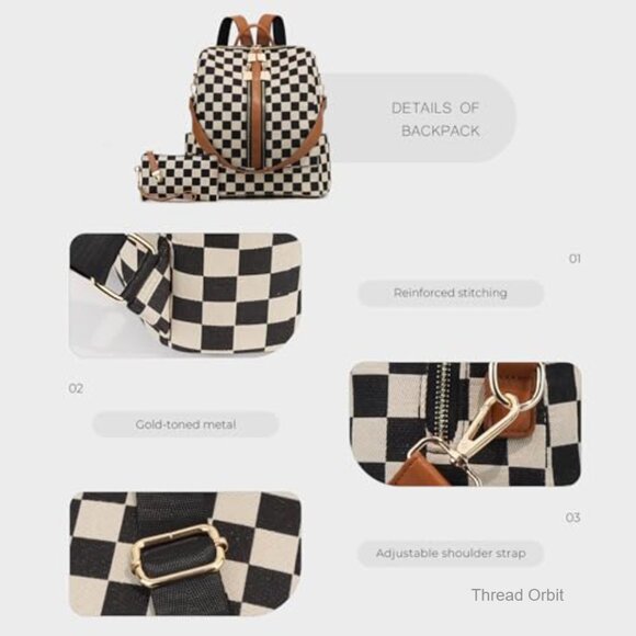 Checkered Canvas Backpack Purse for Women, 20L Capacity, Water Resistant Daypack main image 4